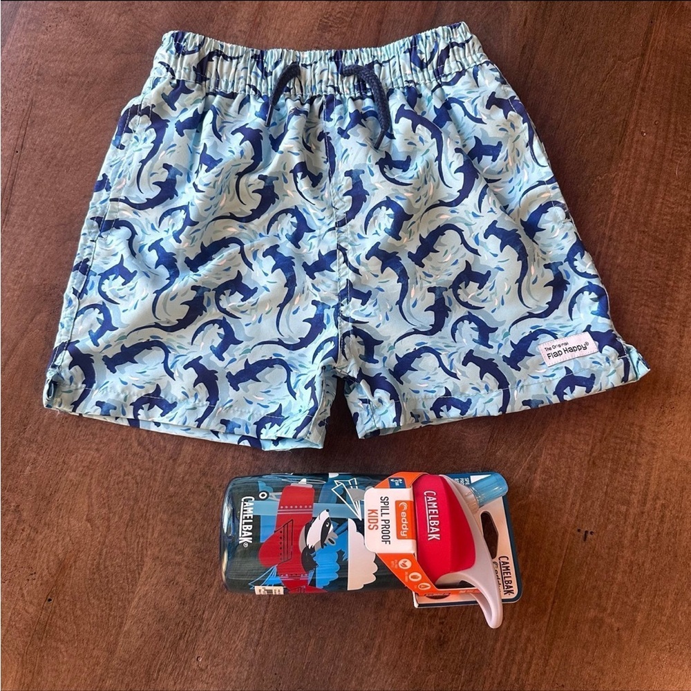 Boys Hammerhead Shark Print Flap Happy Swim Trunks Short Swimsuit & Camelbak Cup